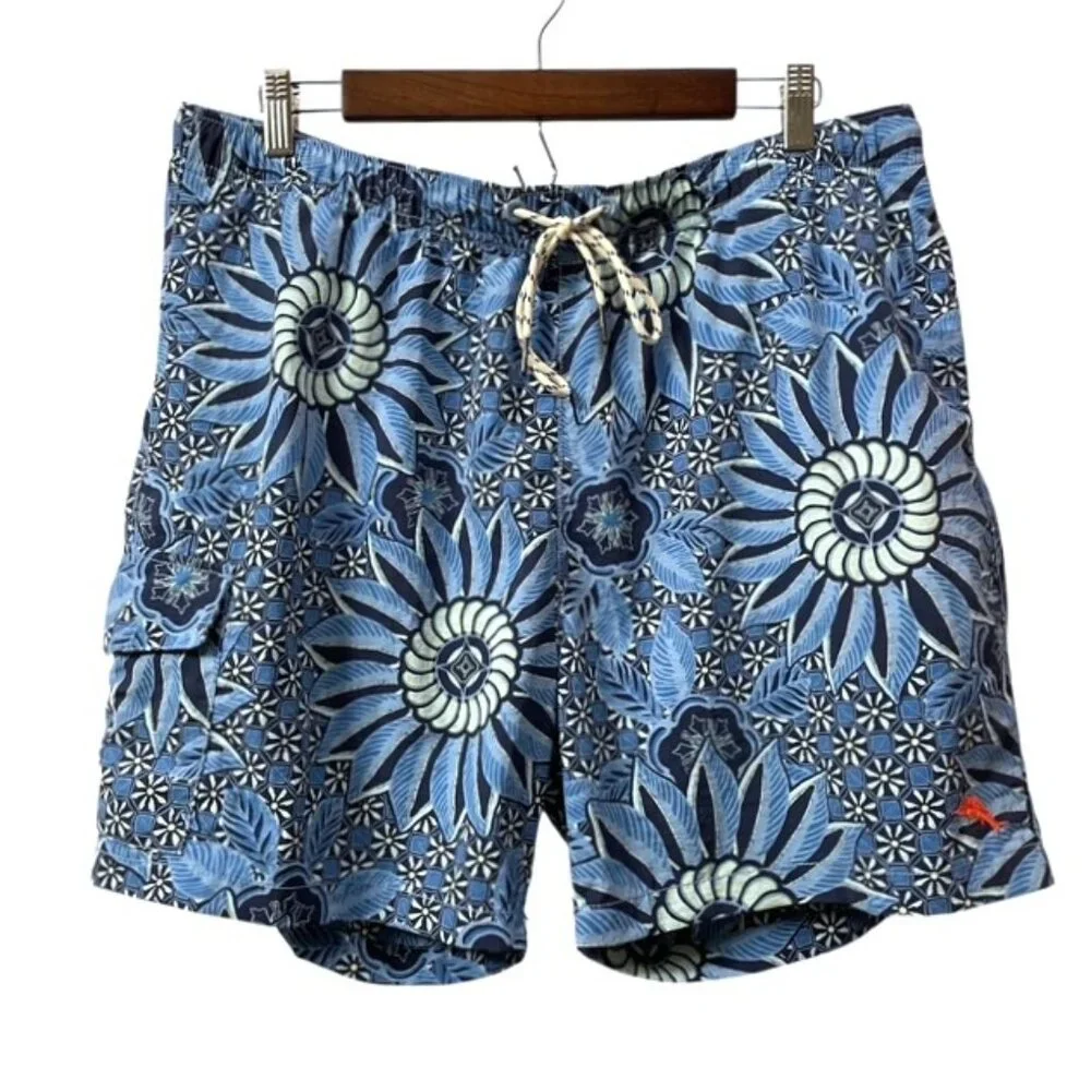 Men's Tommy Bahama Floral Printed Swim Trunks Blue Size Large Pockets Beach